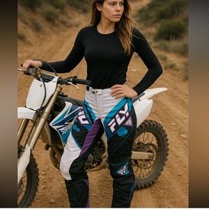 Womens FLY RACING Kinetic White Black Blue Purple MX Motorcycle Pants Size 7/8